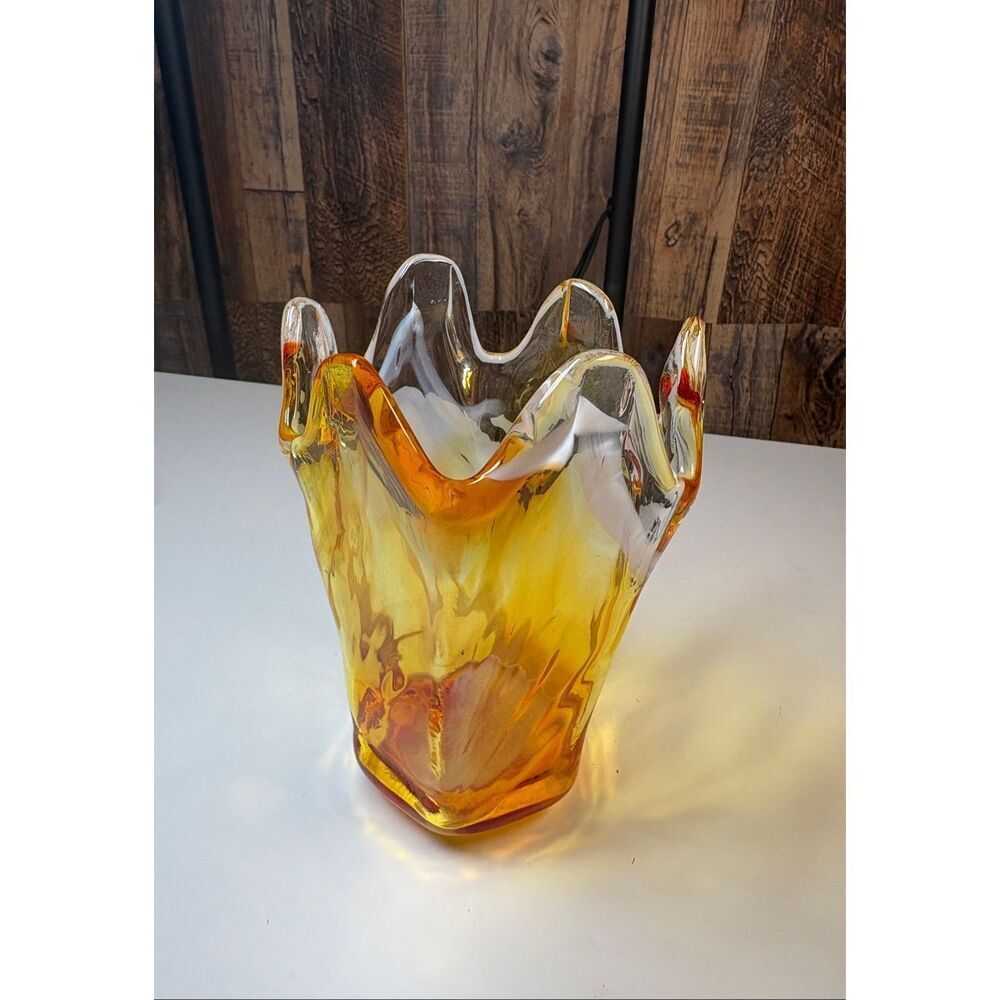 Vintage orange, yellow, white and clear blown art glass vase Murano style